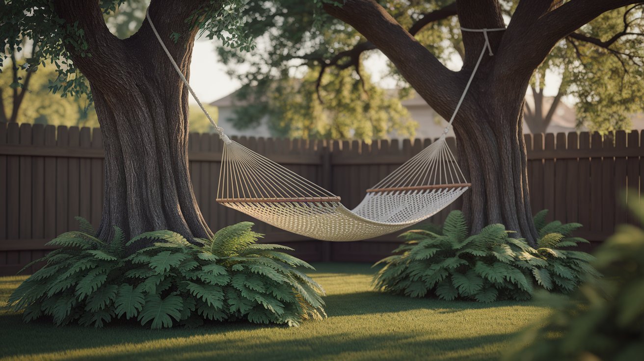 A vibrant hammock hanging in a lush backyard, surrounded by greenery, perfect for lounging and enjoying the outdoors.