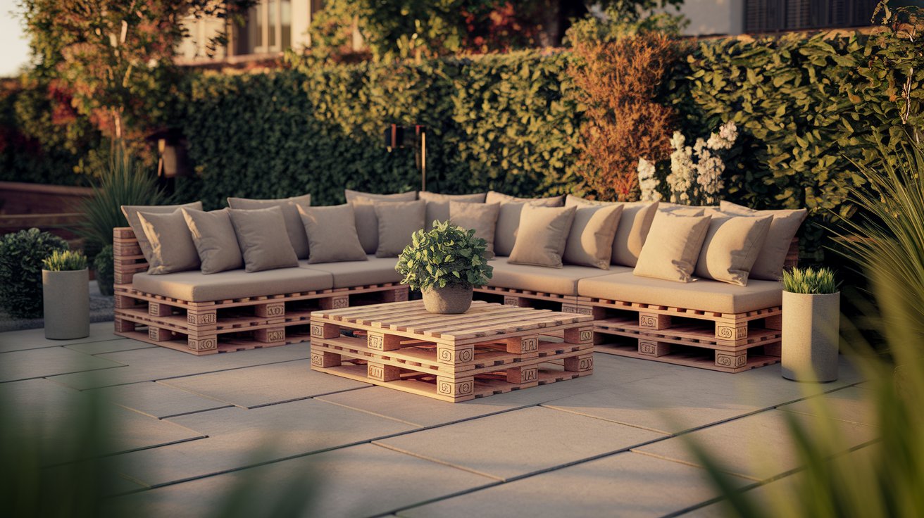 A cozy patio featuring wooden pallets arranged with colorful cushions for seating.