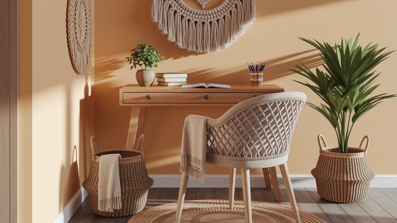 A home office featuring a desk, a chair, and a woven basket for storage.