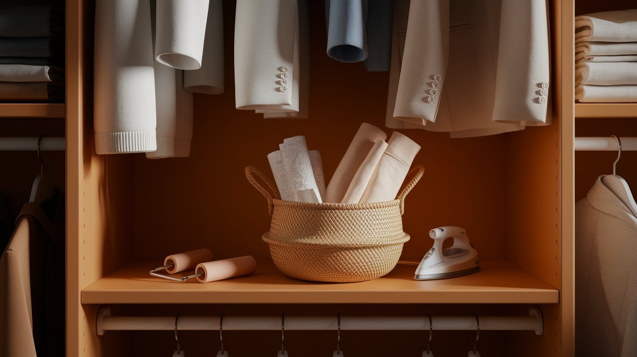 A variety of clothes neatly hanging on a rack inside a well-organized closet.