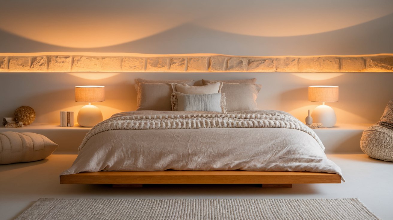 A cozy bedroom featuring a neatly made bed flanked by two stylish lamps on either side.
