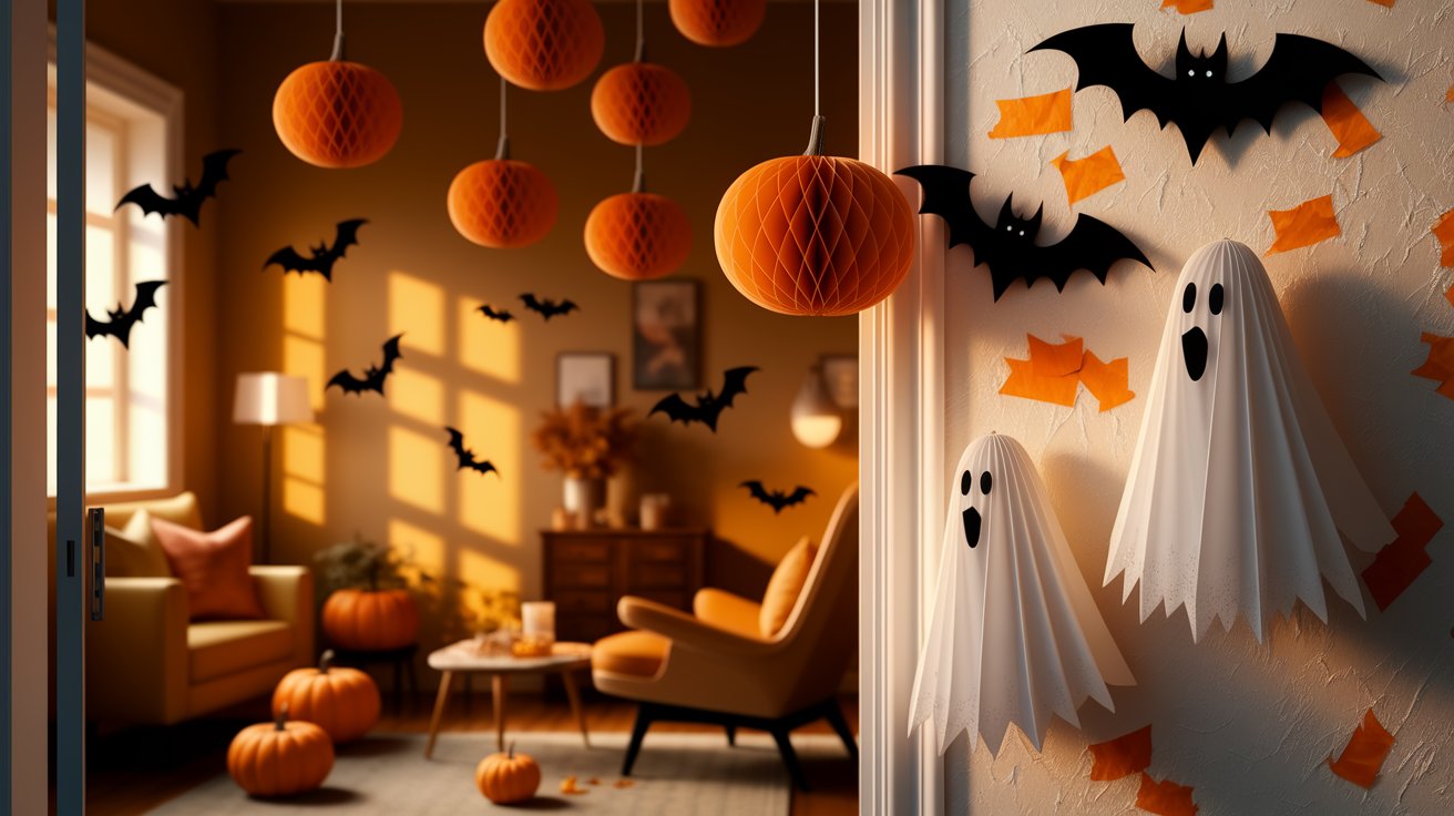 A room decorated for Halloween with orange paper bats and ghosts hanging from the ceiling and walls.