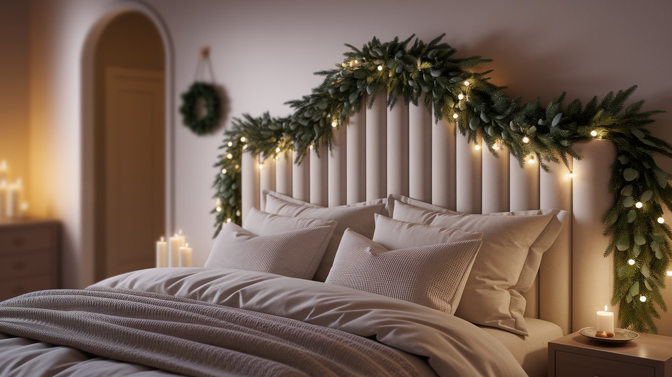 Christmas decorations, including ornaments and garlands, arranged on a neatly made bed in a cozy bedroom setting.