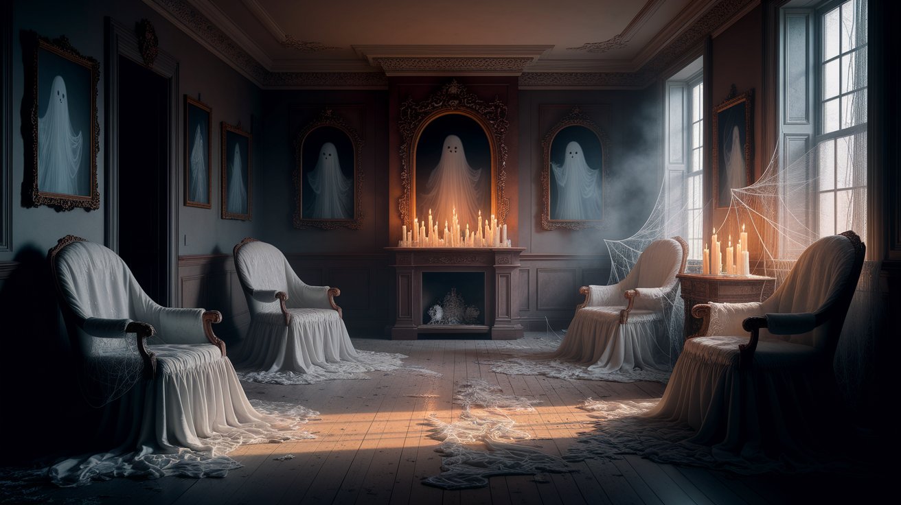 A cozy room featuring white chairs arranged around a warm fireplace.