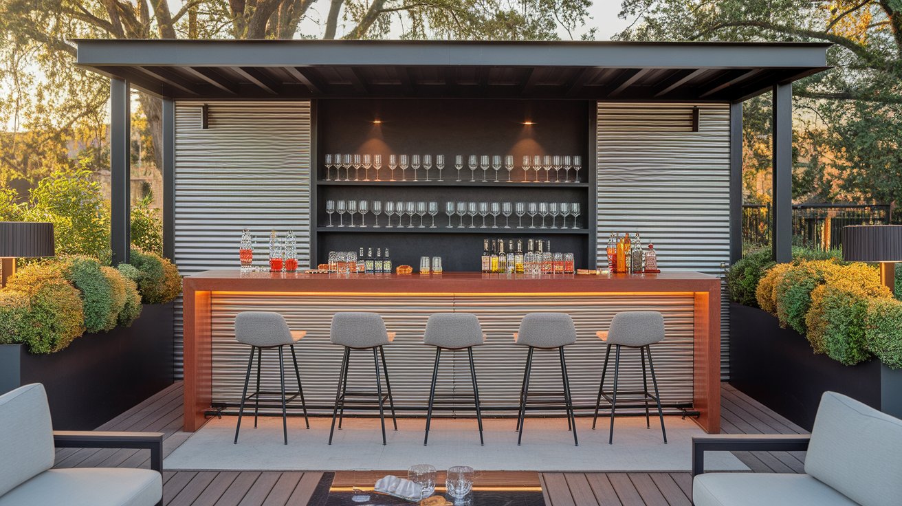 A sleek outdoor bar featuring a modern table and chairs, set against a vibrant garden backdrop.
