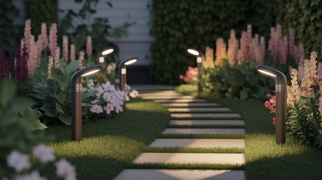 A serene garden featuring a pathway that leads to a vibrant flower bed, surrounded by lush greenery.