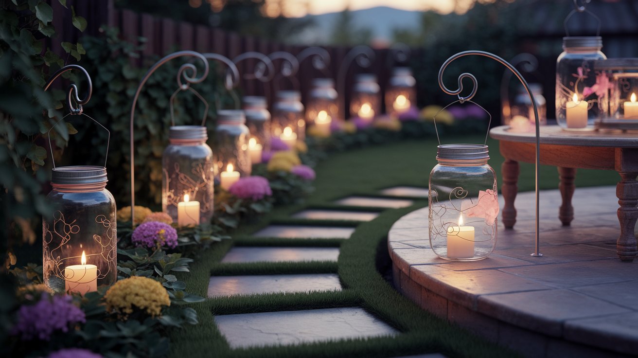A serene garden scene featuring glowing candles and decorative mason jars, creating a warm and inviting atmosphere.