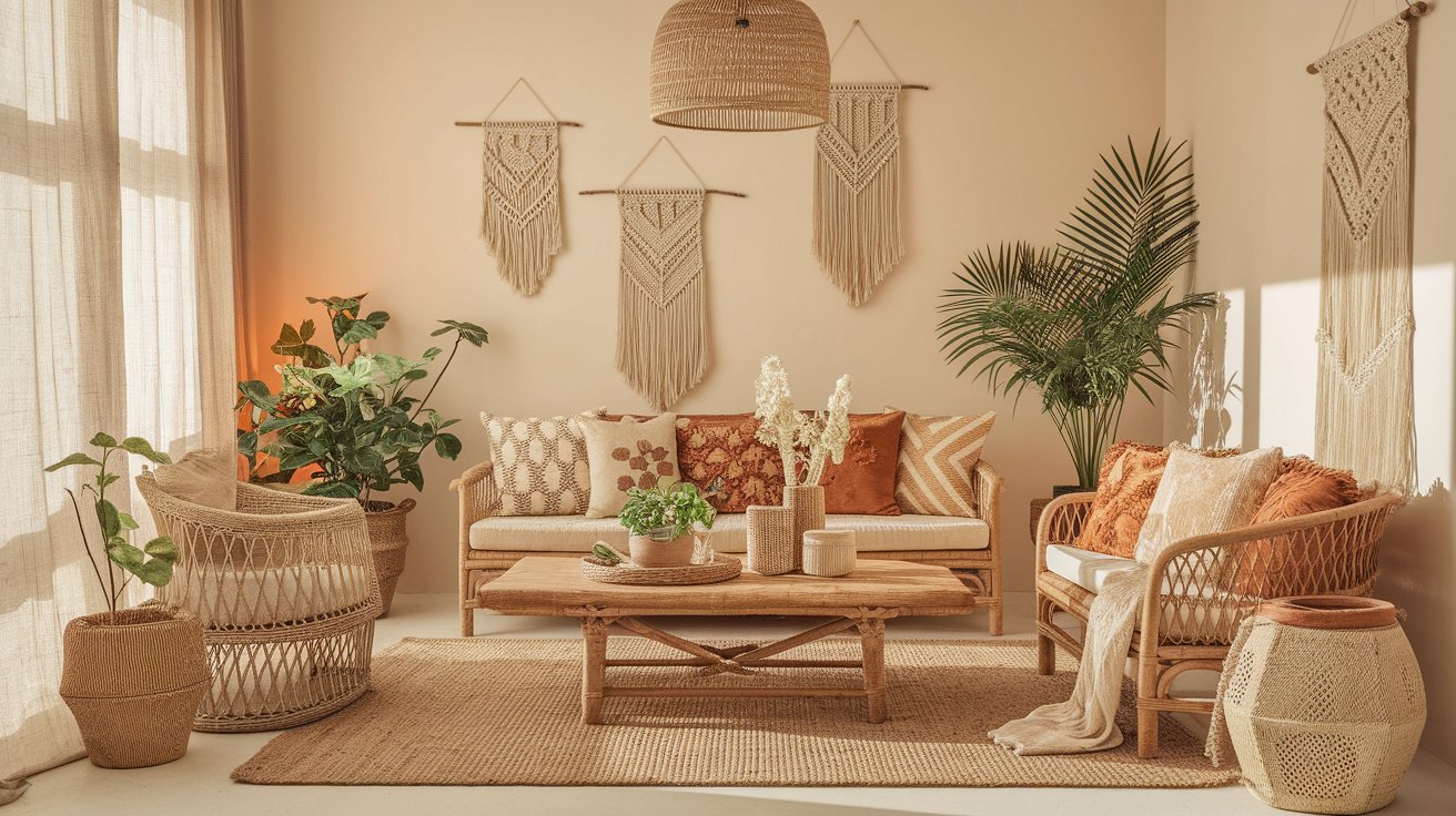 A stylish living room with wicker seating and a colorful rug enhancing the space.