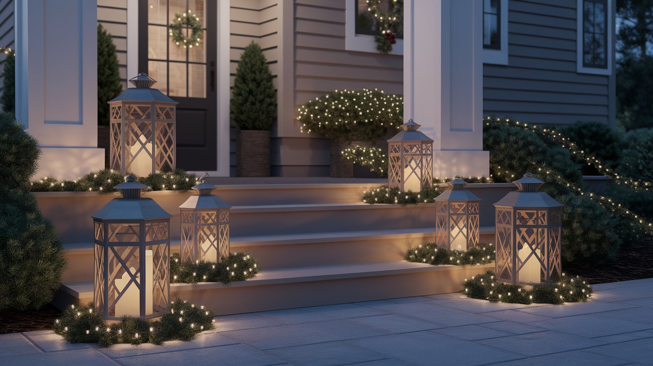 A cozy front porch adorned with glowing lanterns and string lights, creating a warm and inviting atmosphere.