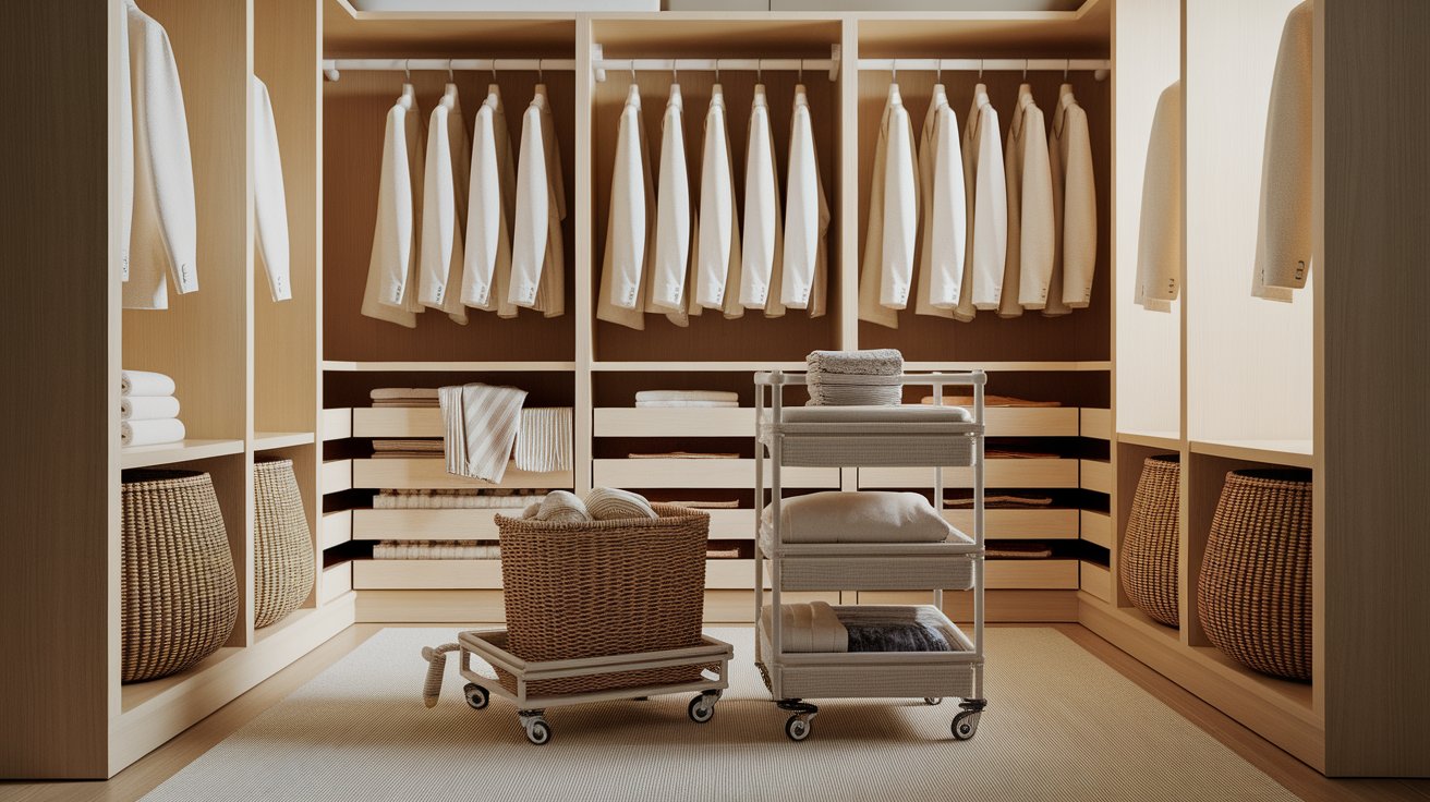 A spacious walk-in closet filled with neatly arranged clothes and woven baskets for storage.