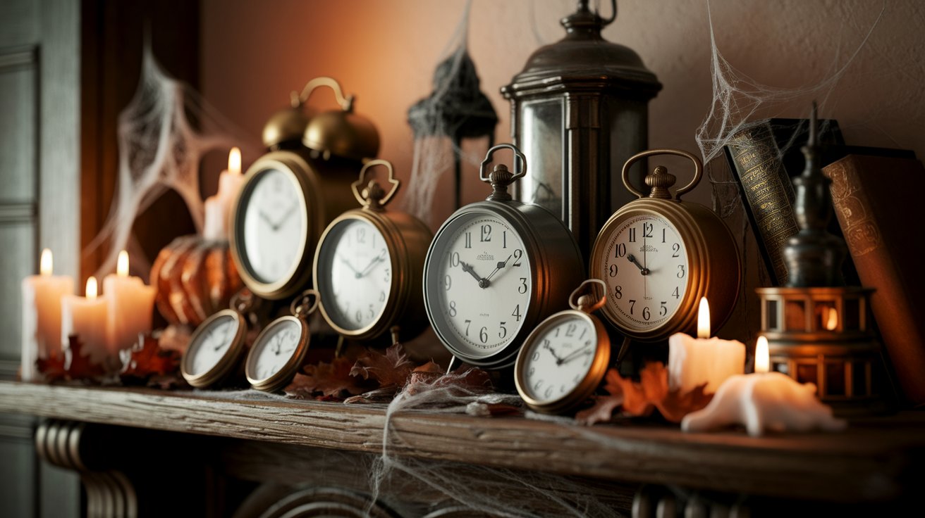 A decorative mantle featuring various clocks and lit candles arranged harmoniously.