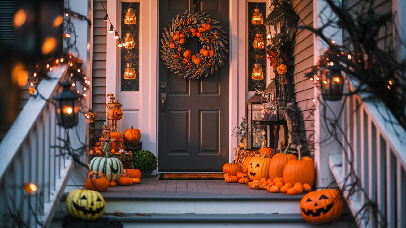 A front porch decorated with Halloween pumpkins and festive wreaths, creating a seasonal and inviting atmosphere.