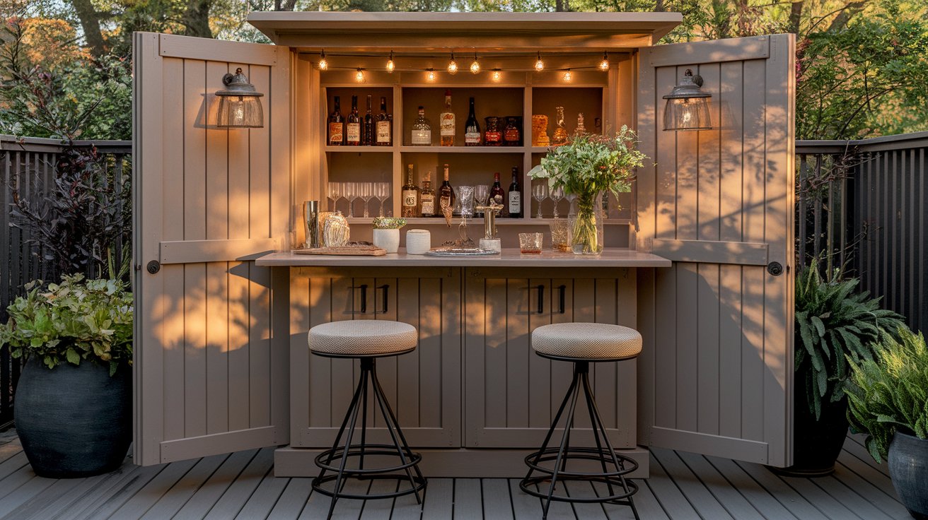 A backyard bar featuring a wooden bar and several stools arranged for outdoor seating.