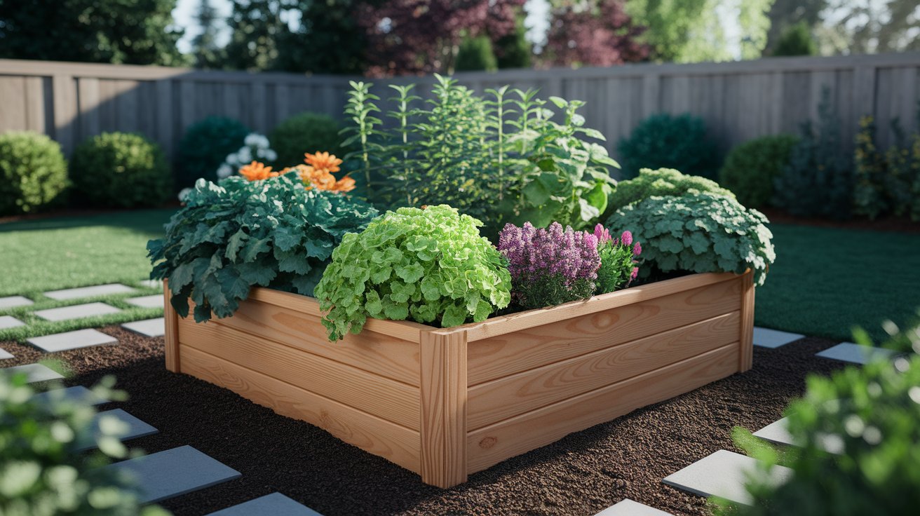 A raised garden box filled with various herbs and colorful flowers, showcasing a vibrant and lush garden display.