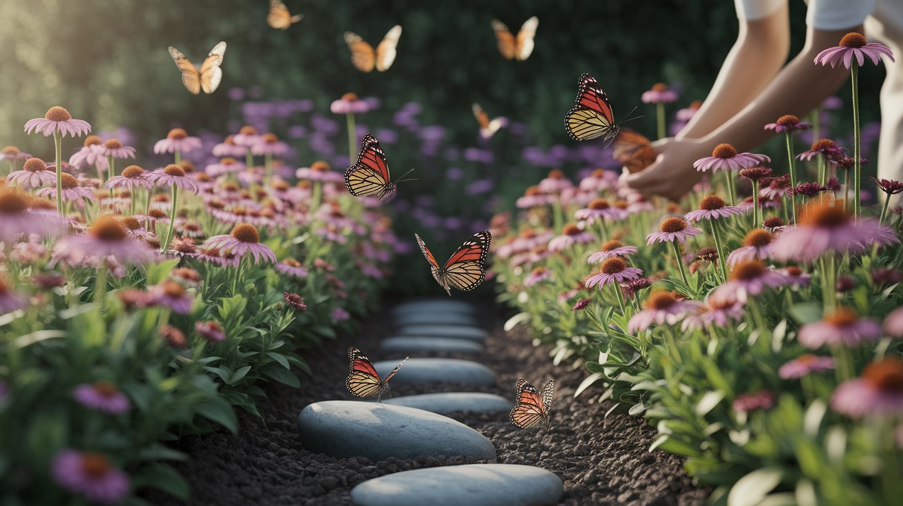 A person strolls through a vibrant garden, with colorful butterflies fluttering gracefully above them.
