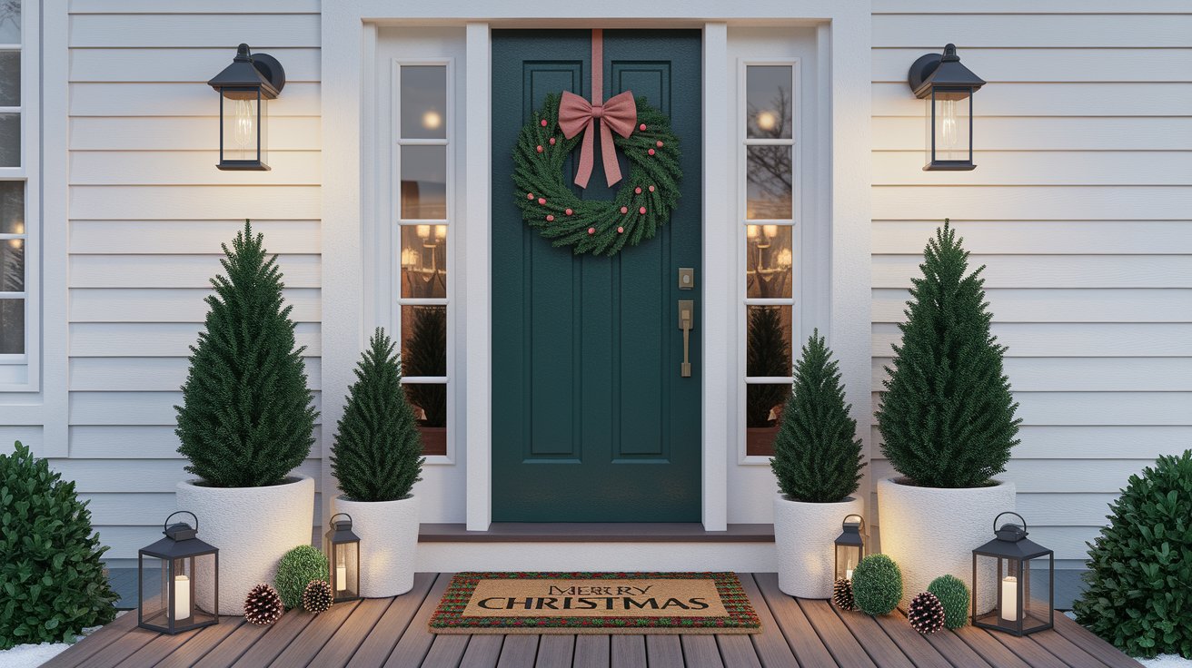 A green door adorned with a festive wreath and two lit candles on the porch, creating a welcoming atmosphere.