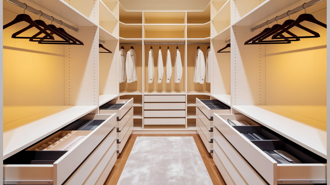A spacious walk-in closet featuring white drawers filled with neatly arranged clothes.