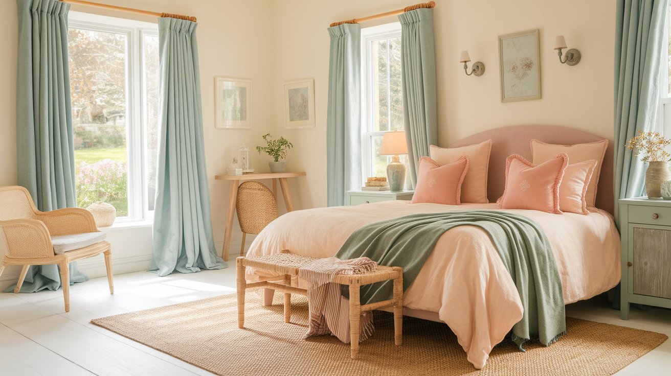 A cozy bedroom featuring a pink and blue bed alongside a matching chair, creating a vibrant and inviting atmosphere.