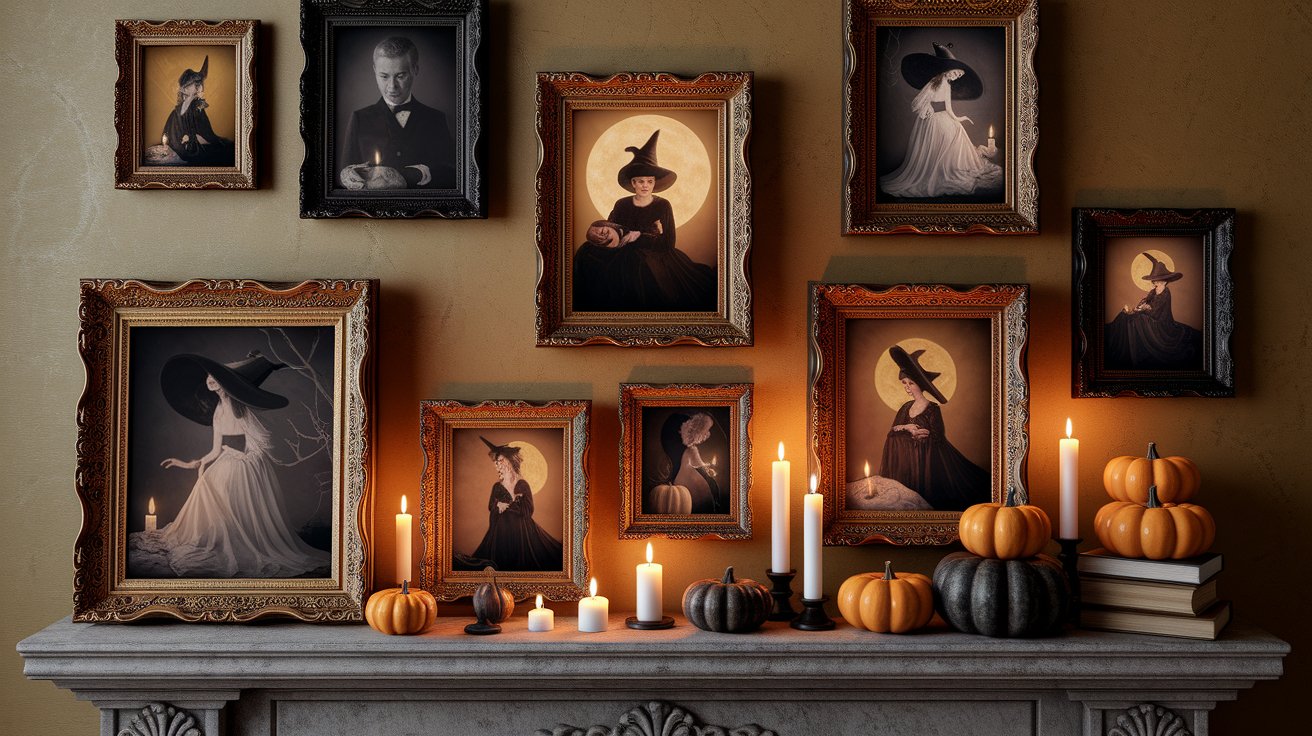 Halloween decor featuring images of witches and pumpkins, creating a festive and spooky atmosphere.
