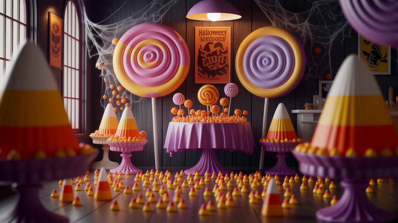 A festive Halloween party scene featuring colorful candy corn and striped candy canes on a decorated table.
