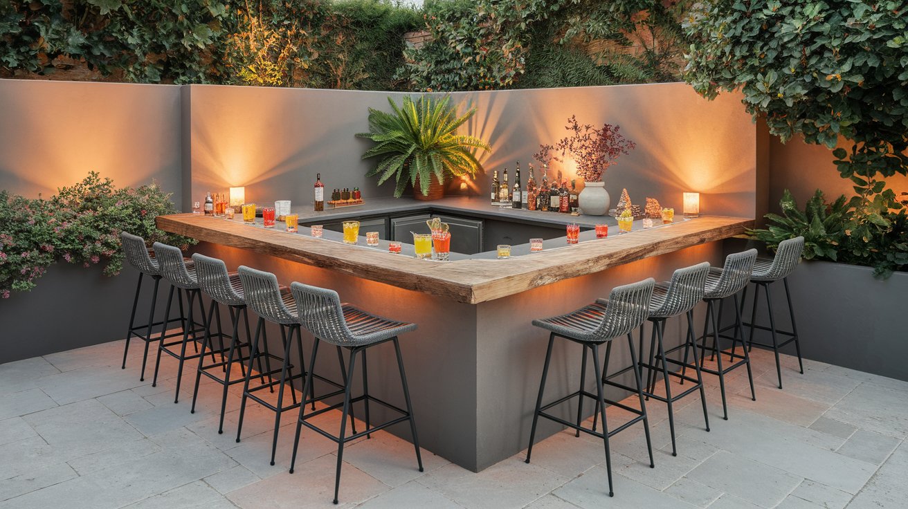 A sleek outdoor bar featuring a modern design with stylish chairs arranged around the bar area.