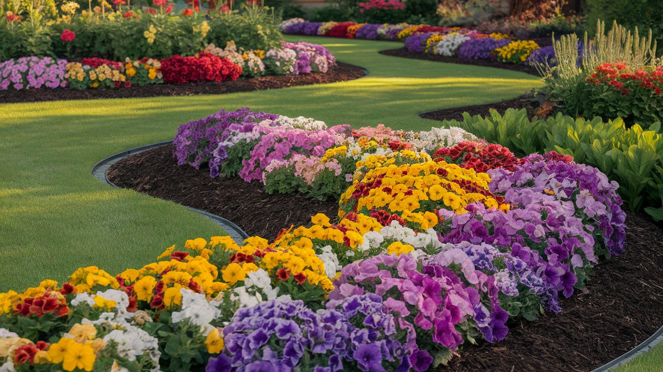 A picturesque garden showcasing a variety of colorful flowers blooming amidst a backdrop of green grass.