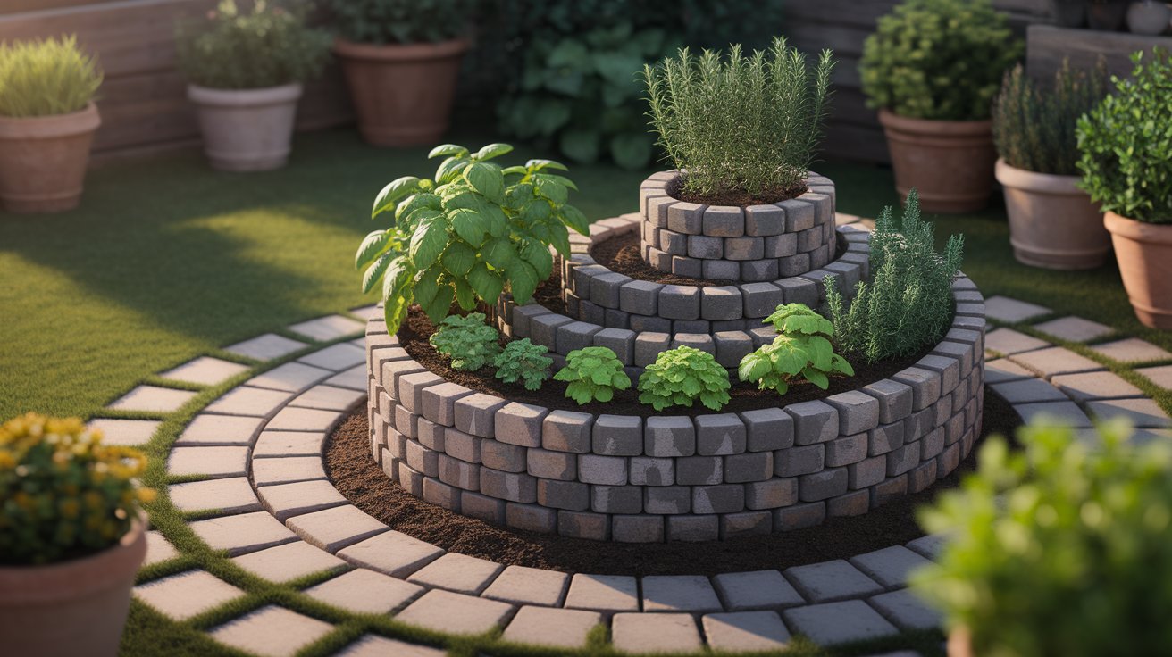 An assortment of herbs and plants in pots, showcasing a lush and colorful garden environment.