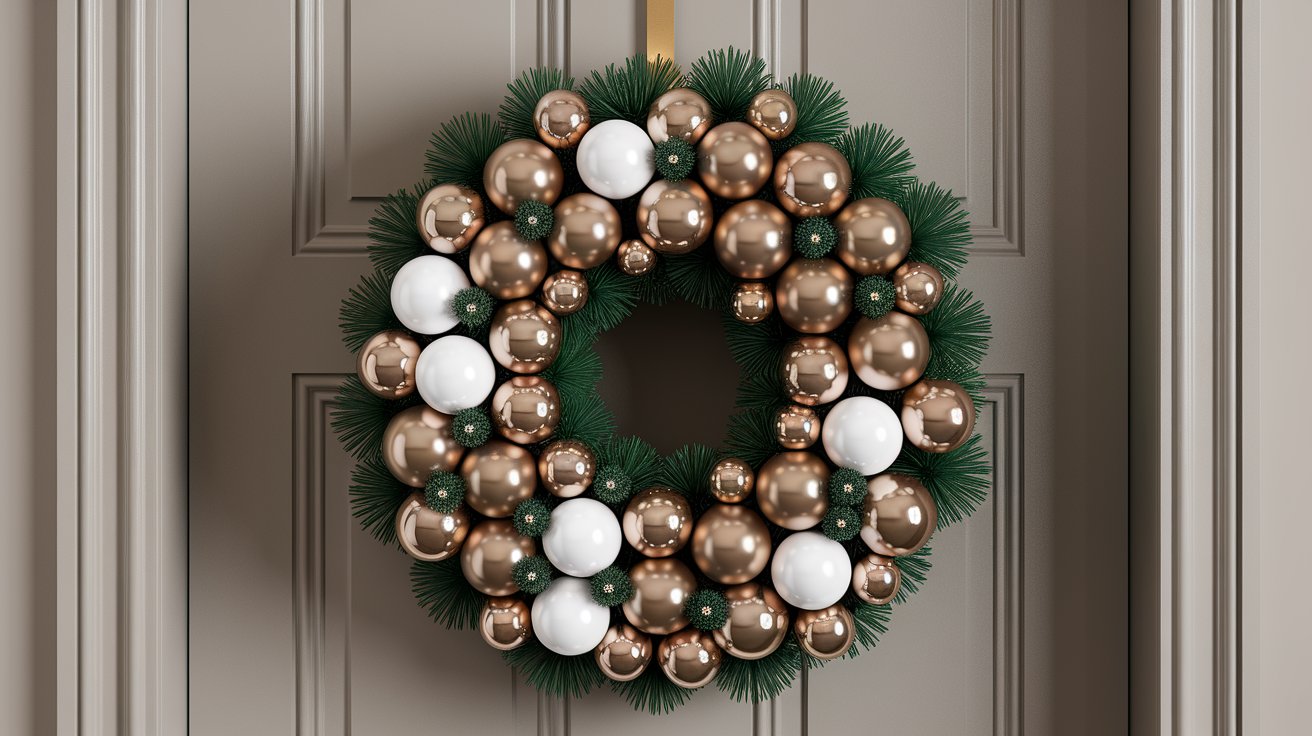 A decorative wreath with gold and green balls is elegantly hanging on a door.
