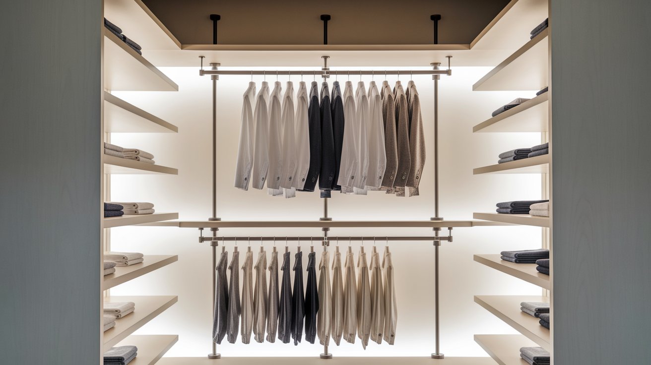 A well-organized closet featuring clothes neatly arranged on shelves, illuminated by soft overhead lights.