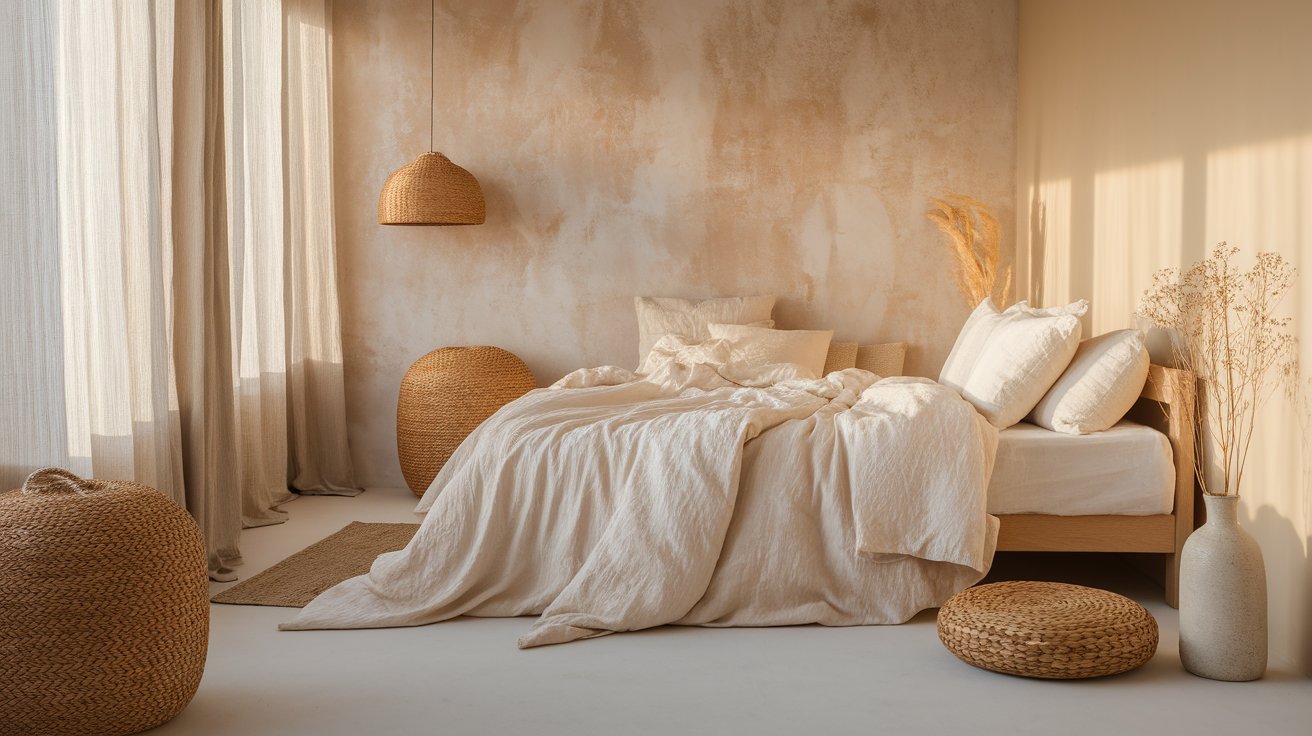 A cozy bedroom featuring a neatly made bed, a comfortable chair, and a wicker basket in the corner.
