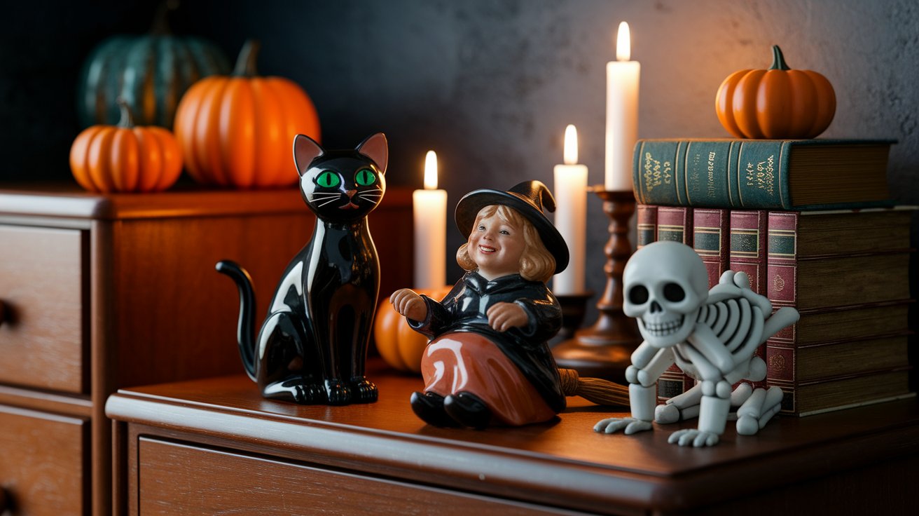 A Halloween decoration featuring a black cat, a skeleton, and stacked books, creating a spooky atmosphere.