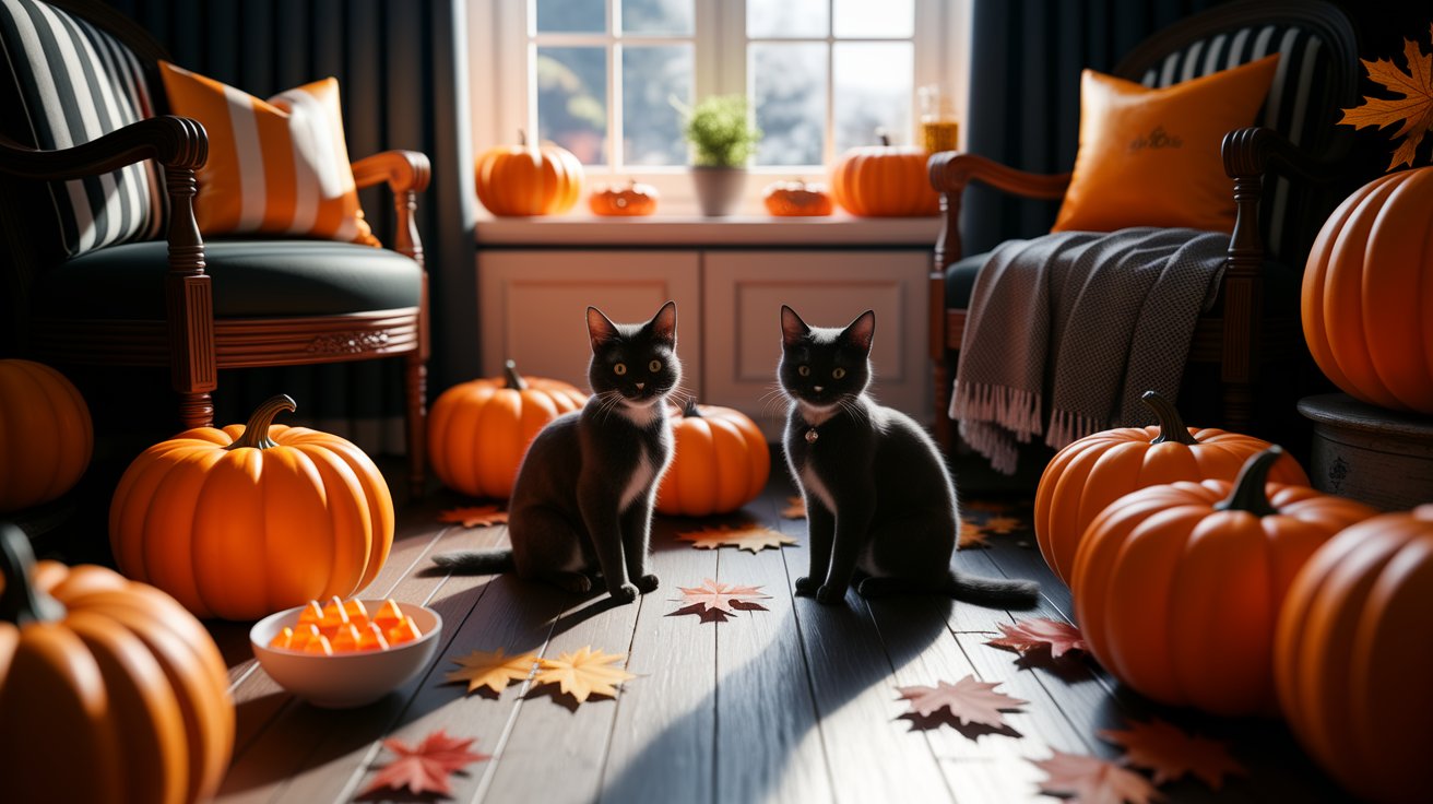 Two cats sit among colorful autumn leaves and pumpkins, creating a cozy fall scene.