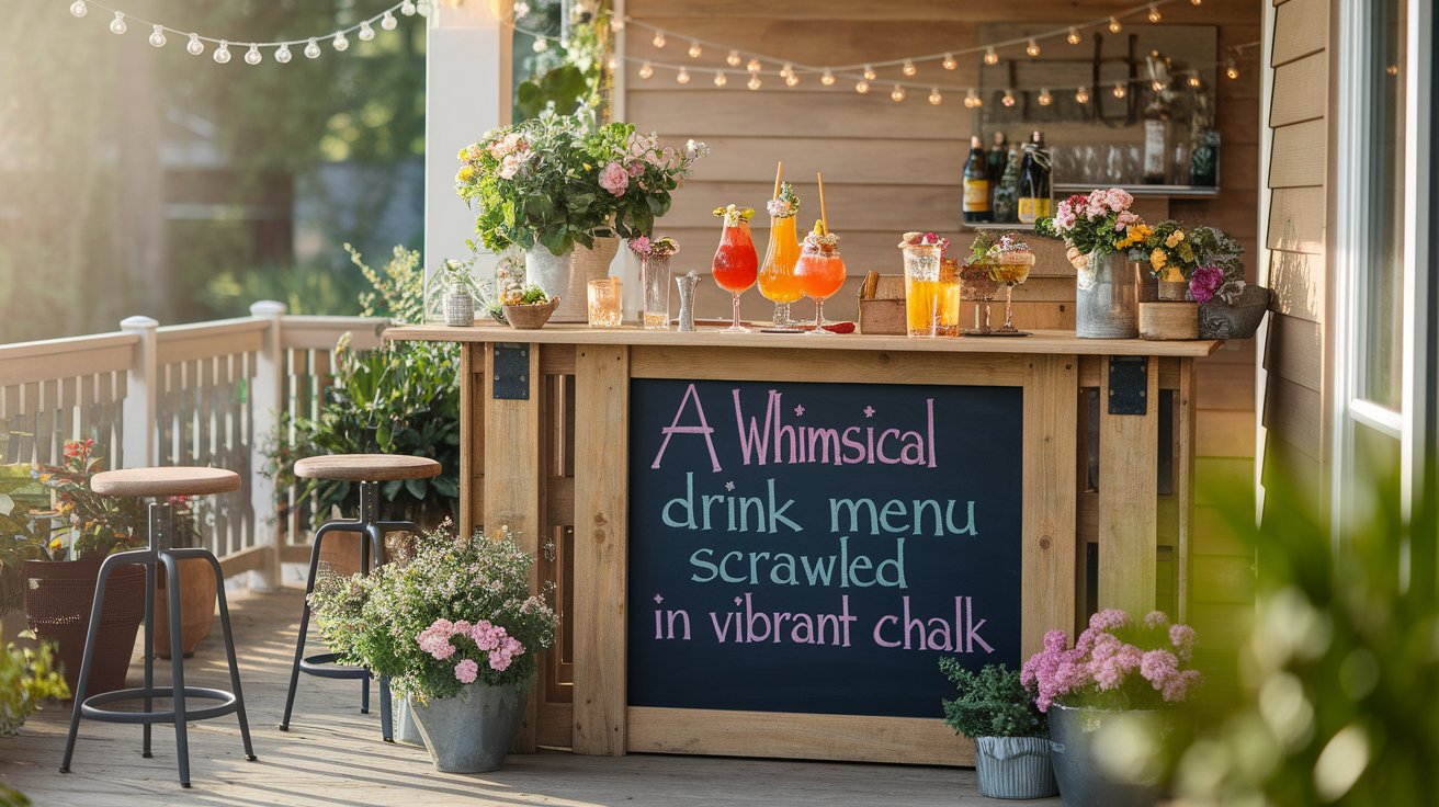 A porch bar adorned with colorful flowers and a chalkboard displaying handwritten messages.