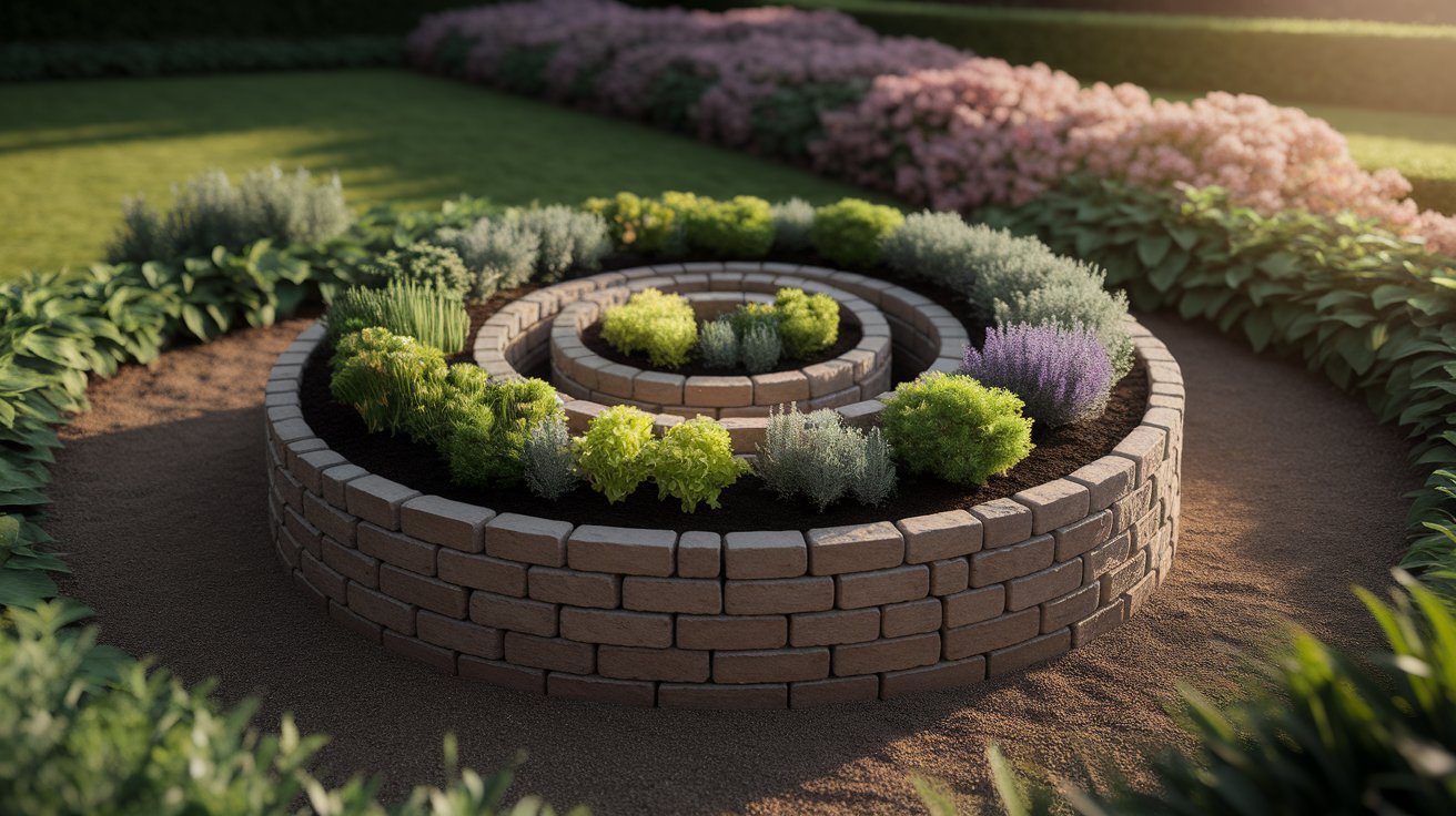 A circular garden filled with various plants, showcasing a vibrant and lush green landscape.