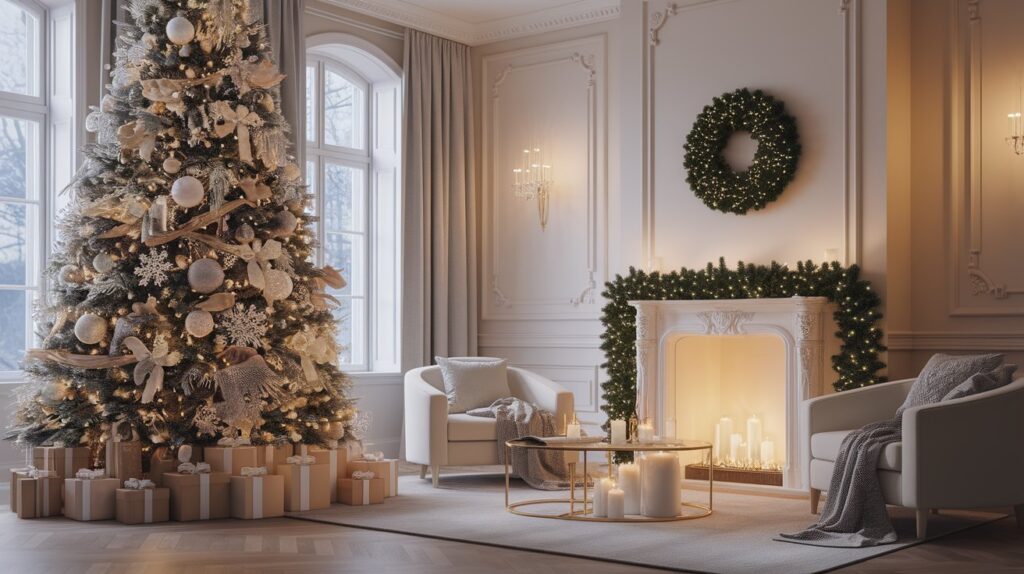 A cozy living room featuring a decorated Christmas tree beside a warm fireplace, creating a festive atmosphere.