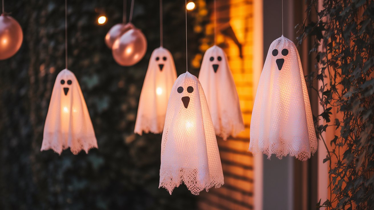 Festive Halloween decorations, featuring witches and skulls, are suspended from a string, enhancing the seasonal decor.