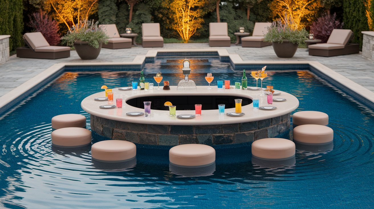 A serene pool area featuring a fire pit and a table, perfect for relaxation and outdoor gatherings.