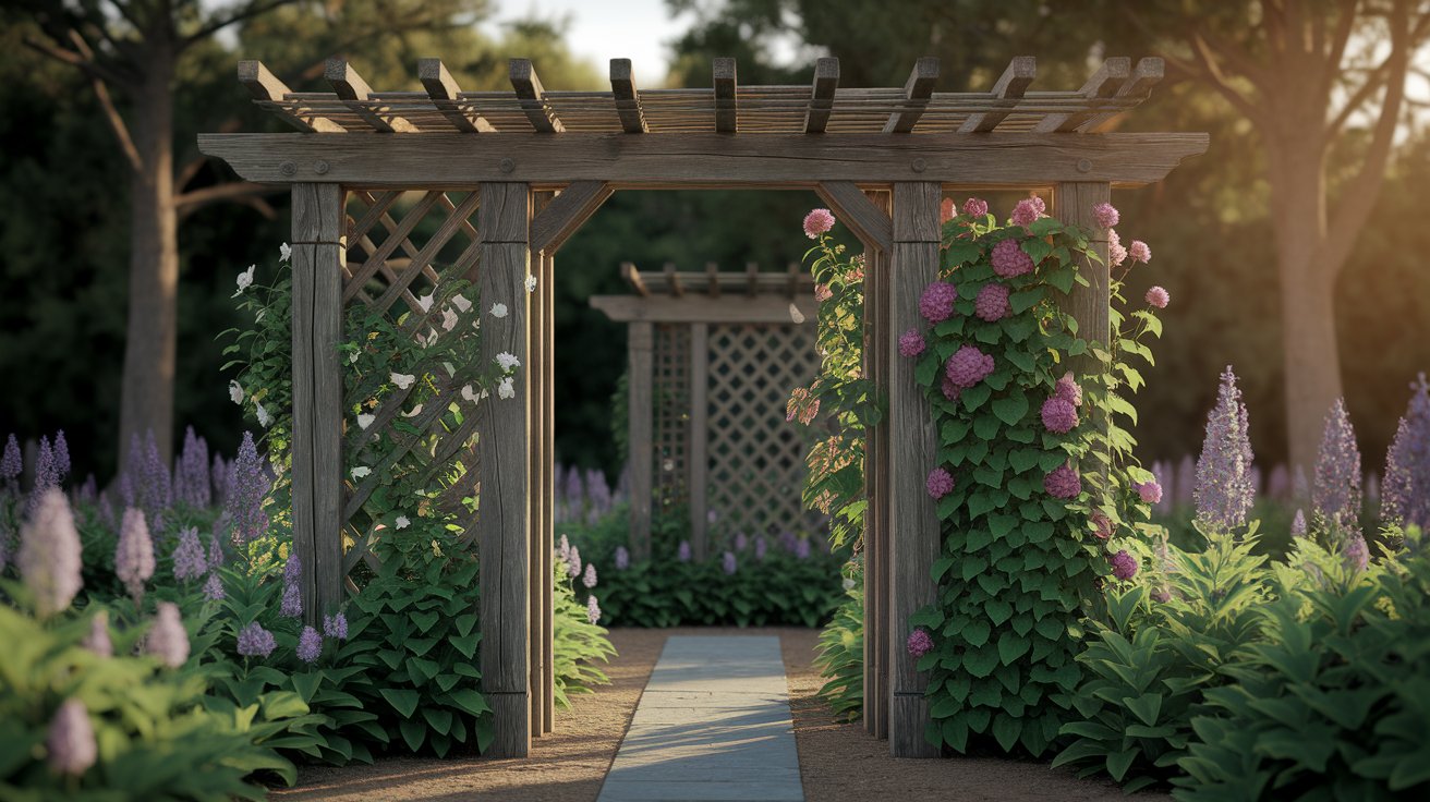 A vibrant garden featuring a wooden pergola surrounded by colorful blooming flowers.