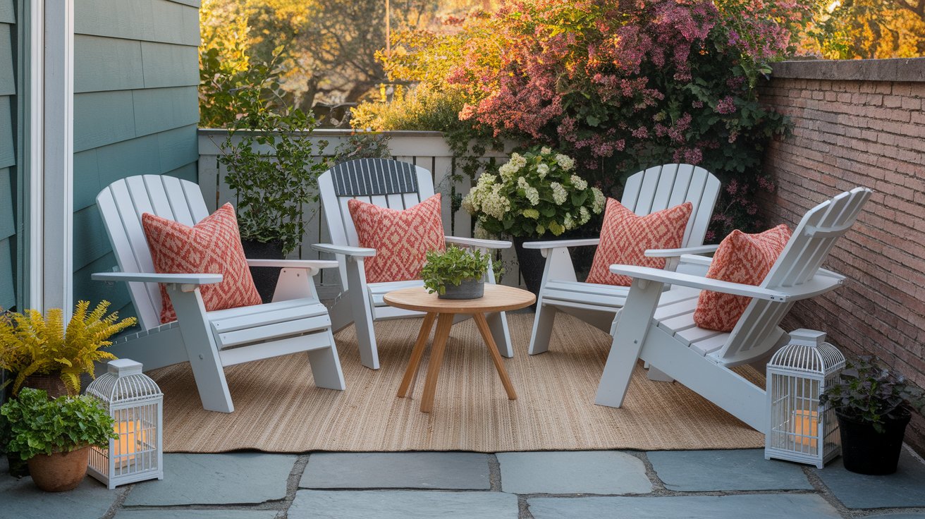 Outdoor furniture featuring white and orange cushions arranged in a cozy setting.