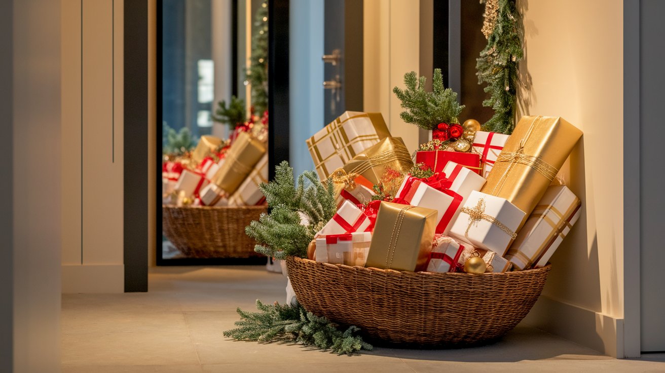 A basket filled with gifts rests on the floor beside an open door.