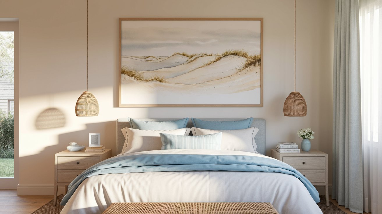 A cozy bedroom featuring a large painting prominently displayed on the wall.