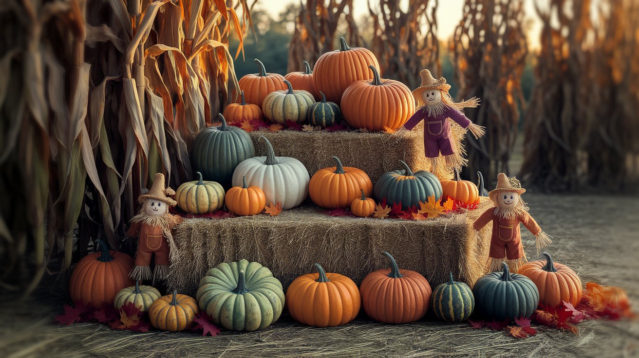 A field filled with vibrant pumpkins and cheerful scarecrows standing among the crops under a clear blue sky.