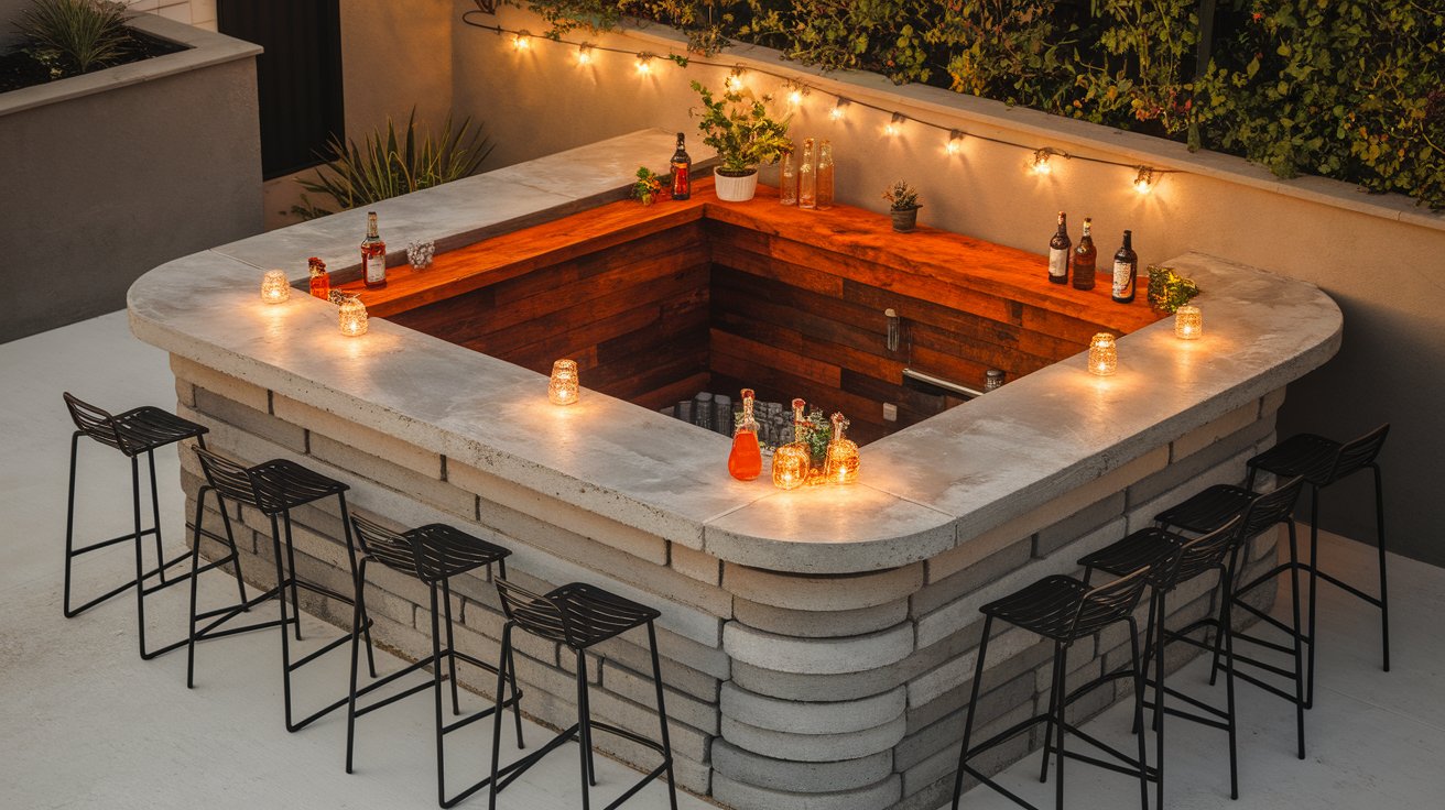 A concrete outdoor bar adorned with soft lights and candles, creating a warm and inviting atmosphere for gatherings.