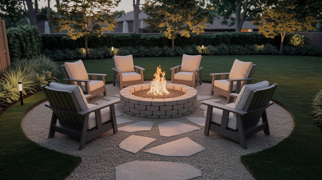 A cozy fire pit surrounded by chairs and a table in a backyard setting, perfect for outdoor gatherings.
