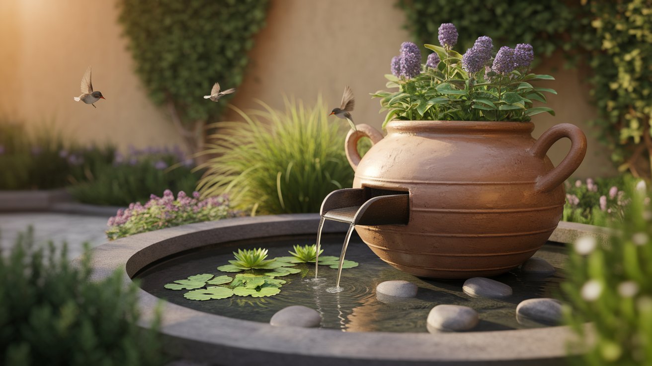 A decorative water feature with a pot surrounded by vibrant flowers, creating a serene outdoor ambiance.