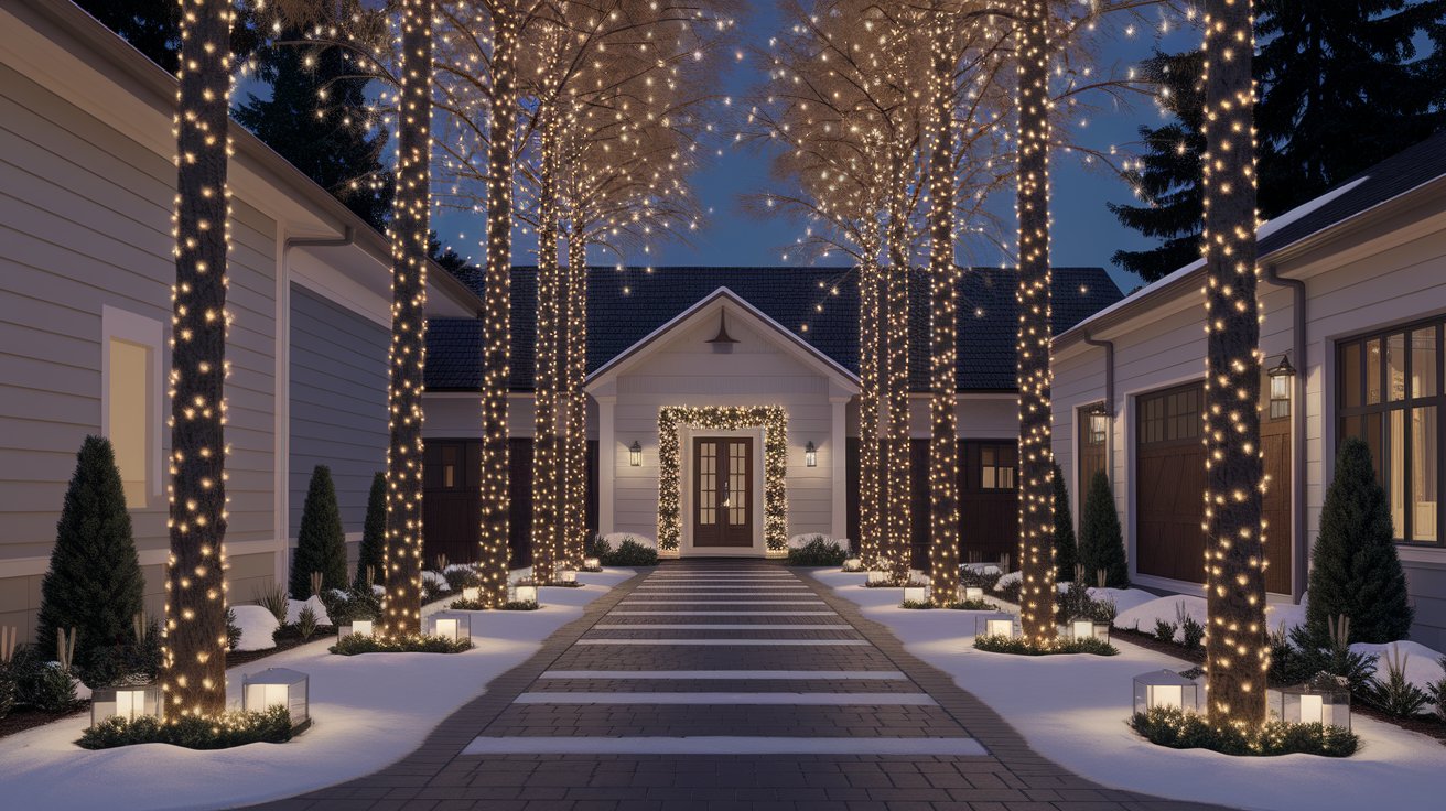 A tree-lined walkway illuminated by soft lights, creating a serene and inviting atmosphere for evening strolls.