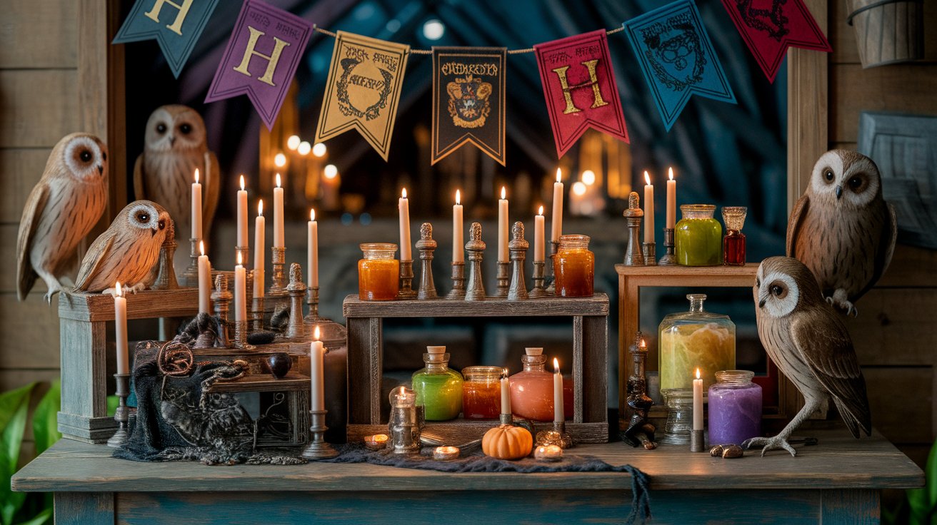 A Harry Potter-themed altar featuring candles, decorative owls, and magical elements, creating an enchanting atmosphere.