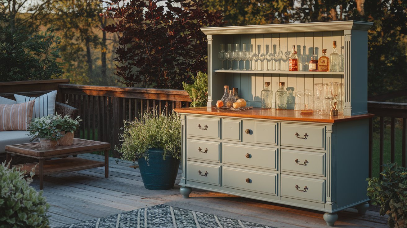 A blue cabinet with a glass shelf displayed on a wooden deck, surrounded by outdoor elements.