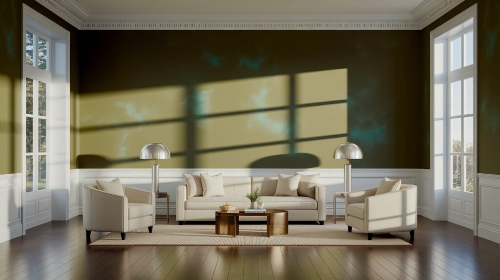 Cozy living room with green walls and polished wooden floors, enhancing the space's natural charm.