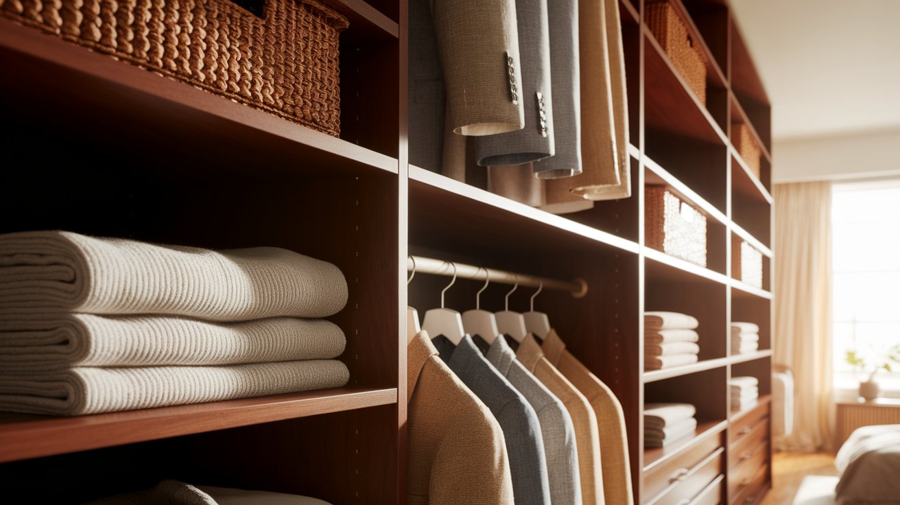 A closet filled with neatly arranged clothes and towels on shelves, showcasing a variety of colors and textures.
